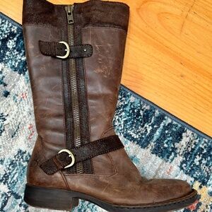 Born Kendall Knee High Boots Brown Leather Buckle Zipper Accent, Size 8.5